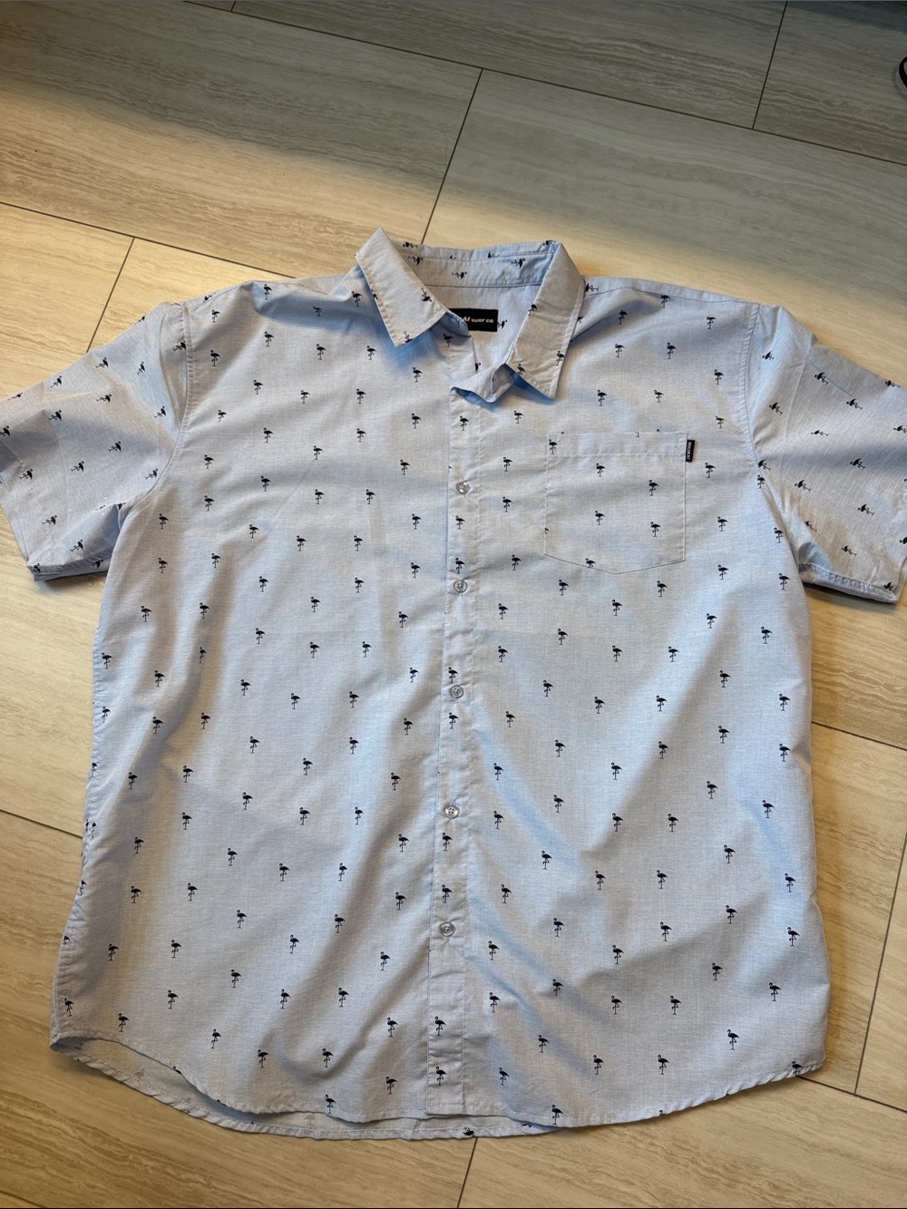 Light Blue Short-Sleeve Button-Up Shirt with flamingo Print